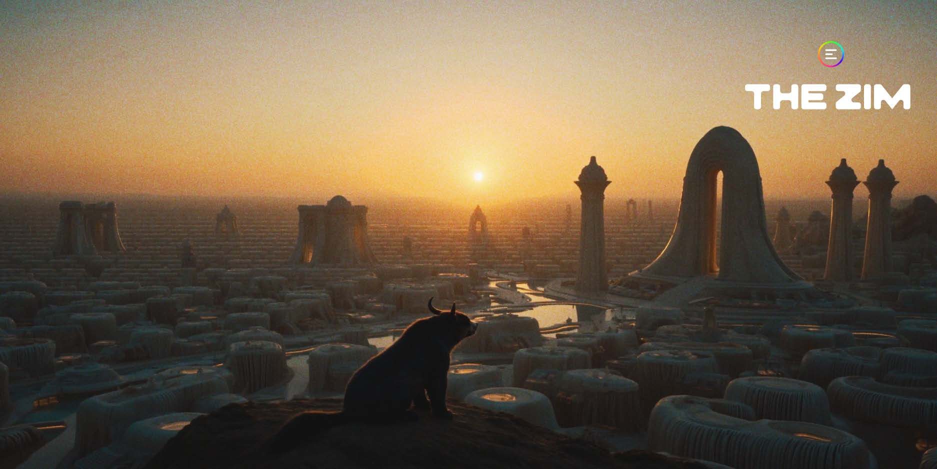 A horned, panther-like creature sits in silhouette on a dark rocky ridge in the foreground, seen from behind and slightly to the side, looking out over a vast pale alien city at sunset. The city is made of hundreds of lo